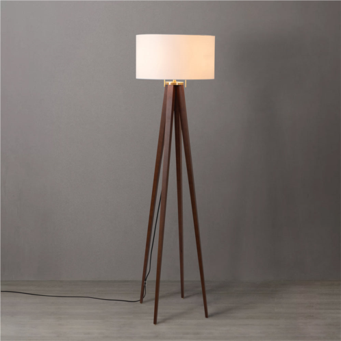 Nova of California quattro floor lamp - dark walnut wood finish & weathered brass white linen shade dimmer