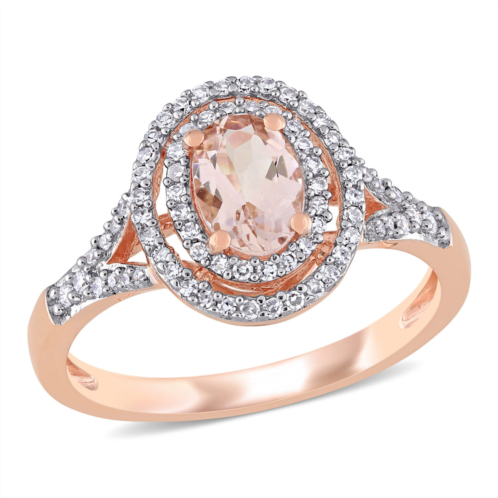 Mimi & Max 3/4ct tgw oval morganite 1/4ct tw diamond double halo ring 14k rose gold