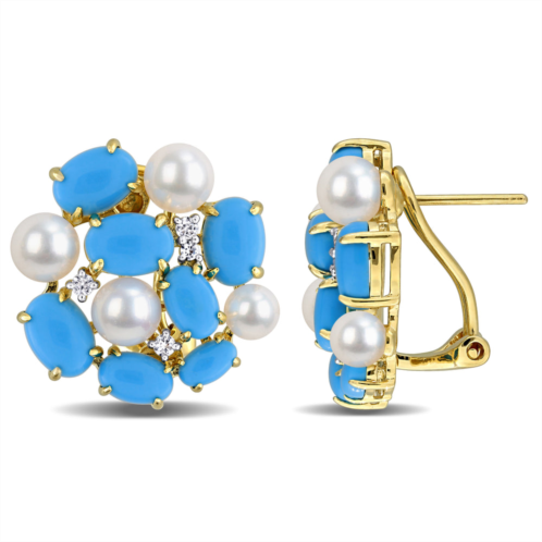 Mimi & Max 4mm cultured freshwater pearl 11 1/5ct tgw created turquoise created white sapphire earrings yellow silver