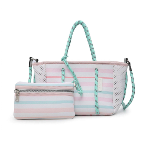 Jen & Co. coralia mini neoprene bag in multi stripe