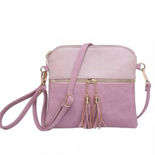 Jen & Co. two tone crossbody wristlet front zip pocket tassels in pink