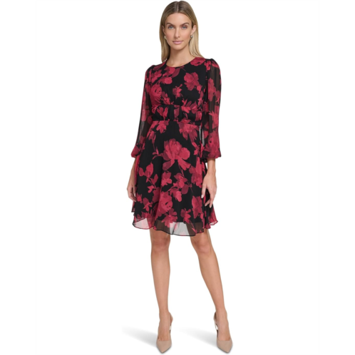 Calvin Klein Long Sleeve Floral Chiffon A-Line