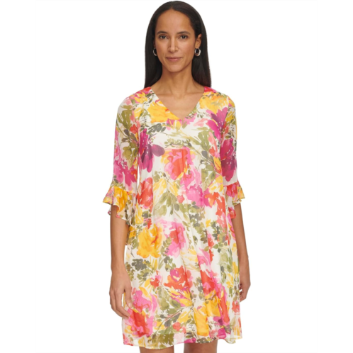 Calvin Klein Short Chiffon Dress with Bell Sleeves