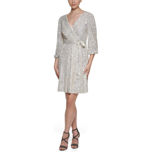 DKNY Long Sleeve Sequin Surplice Faux Wrap