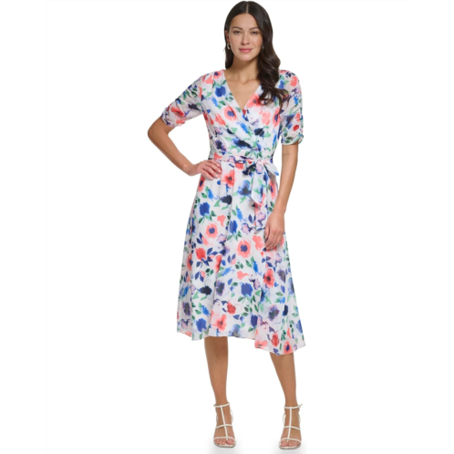 DKNY Ruched Sleeve V-Neck Faux Wrap Dress