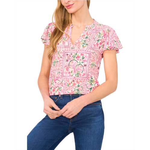 Womens CeCe V-Neck Shirred Flutter Sleeve Blouse