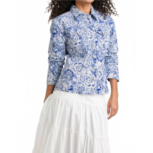 Cinq a sept sketchbook floral scrunched canyon jacket in white/dark cerulean