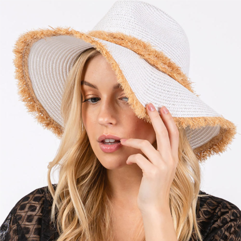 FASHNZFAB frayed band and trip straw sun hat