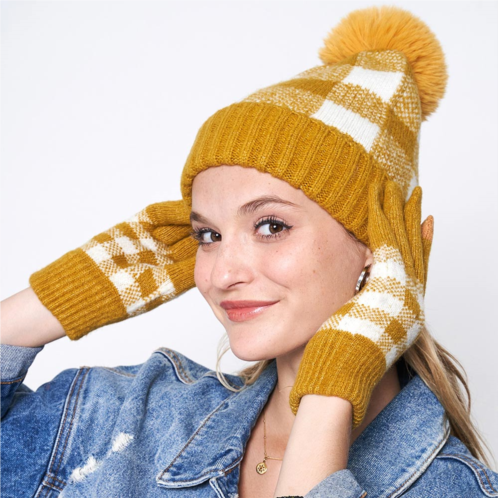 FASHNZFAB buffalo check patterned faux fur pom pom beanie hat
