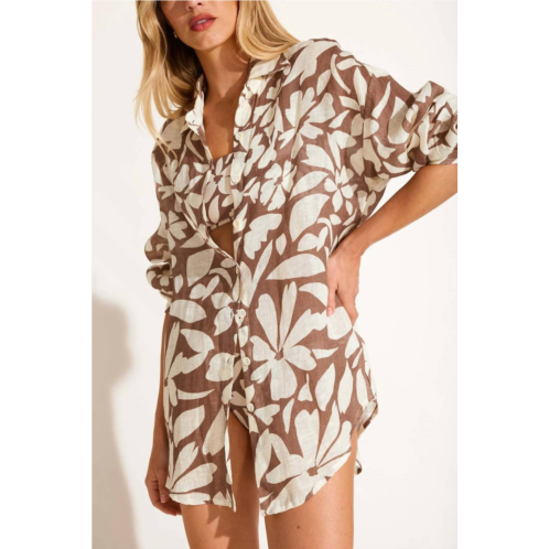 Vitamin A playa linen boyfriend shirt in brown/cream