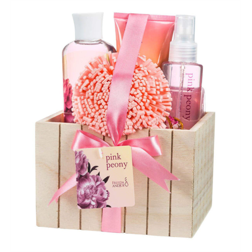 Freida and Joe pink peony fragrance bath & body spa gift set in natural wood plant box