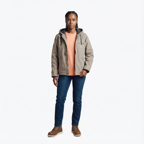 Carhartt Womens Loose Fit Washed Duck Sherpa-Lined Hooded Jacket Taupe Gray