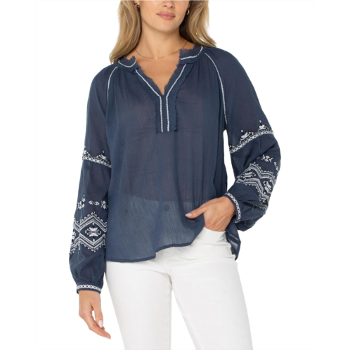 Liverpool Los Angeles Long Sleeve Raglan Woven Blouse With Embroidery