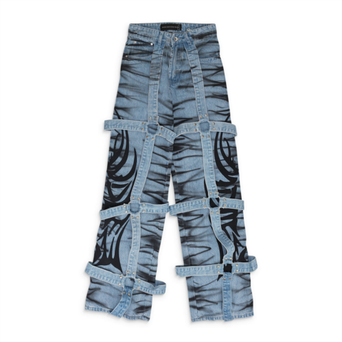 Who Decides War blue winged logo bondage pants