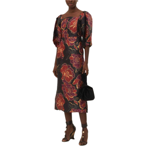 FARM Rio shiny chita black short sleeve midi dress