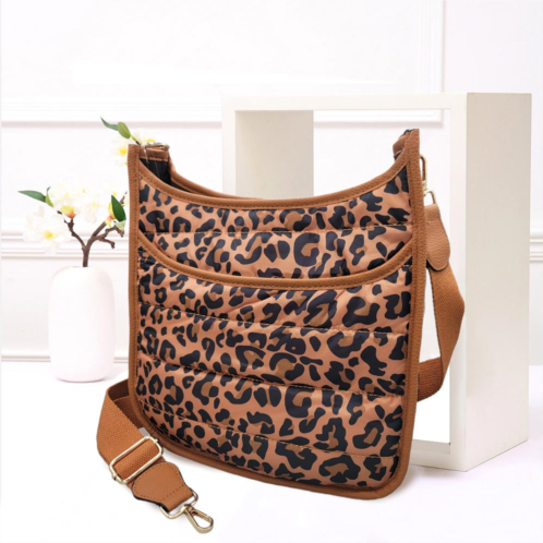 FASHNZFAB leopard patterned quilted shiny puffer crossbody bag