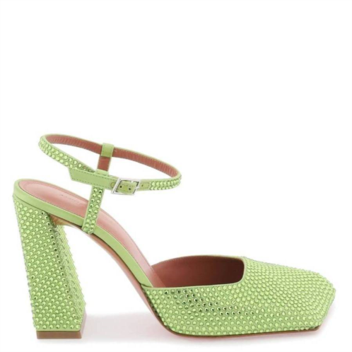 Amina Muaddi satin lime charlotte pumps with crystals