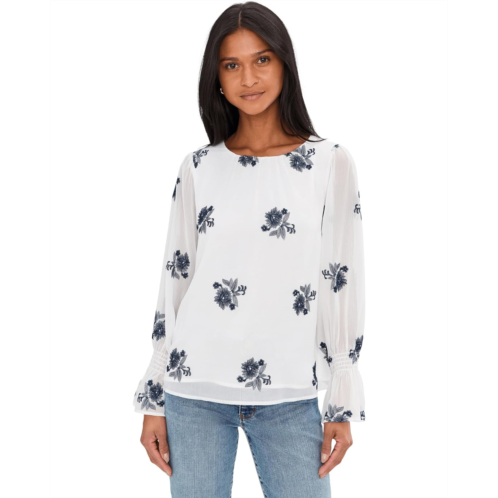 Womens CeCe Embroidered Long Sleeve Smocked Cuff Blouse