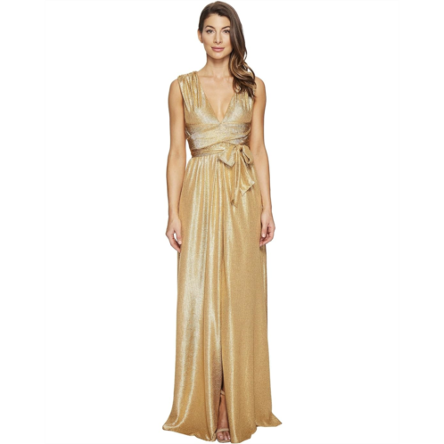 Halston Sleeveless V-Neck Jersey Gown w/ Wrap Tie & Front Slit