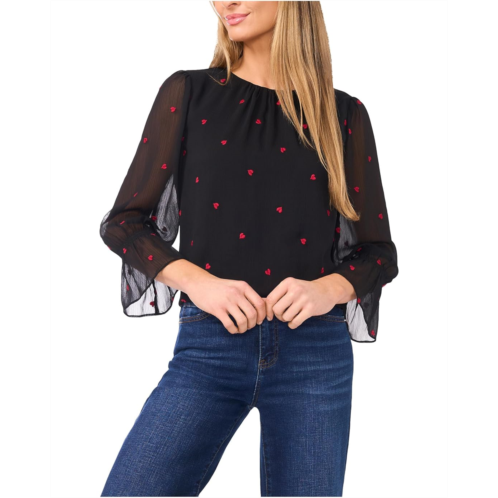 Womens CeCe 3/4 Sleeve Shirred Neck Embroidery Hearts Top