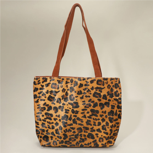 FASHNZFAB genuine calf hair leopard pattern print shoulder tote bag