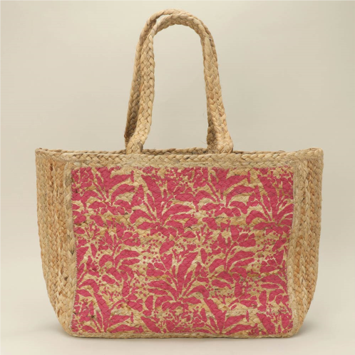 FASHNZFAB botanical leaf pattern straw woven tote bag