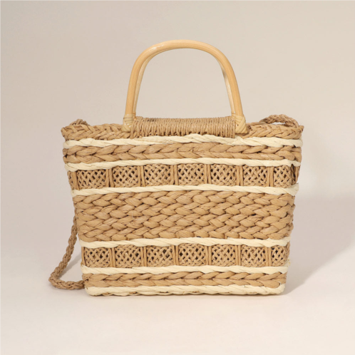 FASHNZFAB wooden top handle weave straw tote bag / crossbody bag