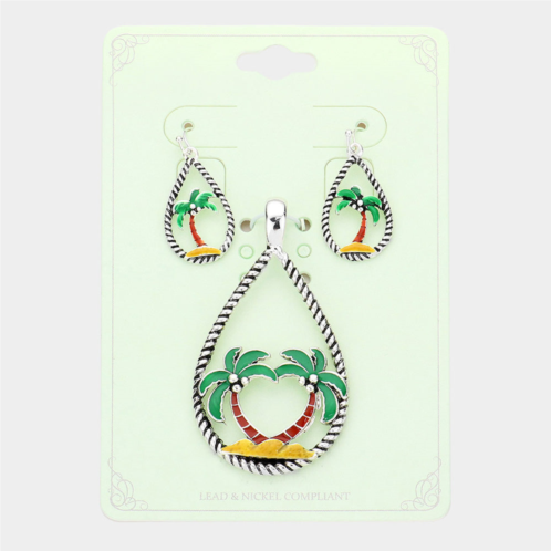FASHNZFAB enamel palm tree accented open teardrop pendant set - green
