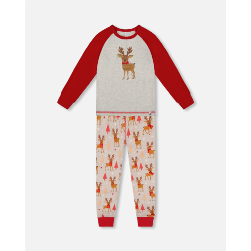 Deux par Deux two-piece organic cotton pajama set beige reindeer print