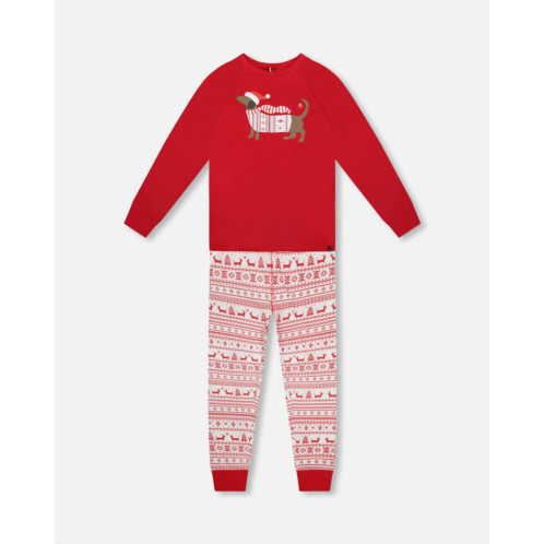 Deux par Deux adult men organic cotton two-piece pajama set red and white fairisle