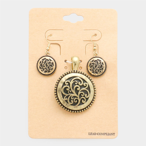 FASHNZFAB embossed antique round magnetic pendant set - gold