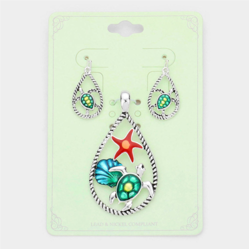 FASHNZFAB enamel starfish shell turtle accented open teardrop pendant set - antique silver multi