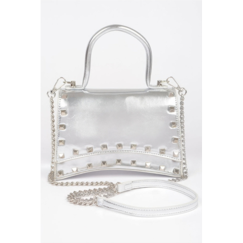 FASHNZFAB metallic faux leather studded top handle clutch