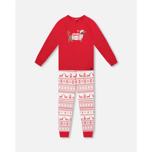 Deux par Deux organic cotton two-piece pajama set red and white fairisle