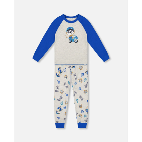 Deux par Deux two-piece organic cotton pajama set beige monkey print