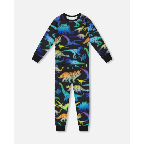 Deux par Deux two-piece organic cotton pajama set black dinosaur print