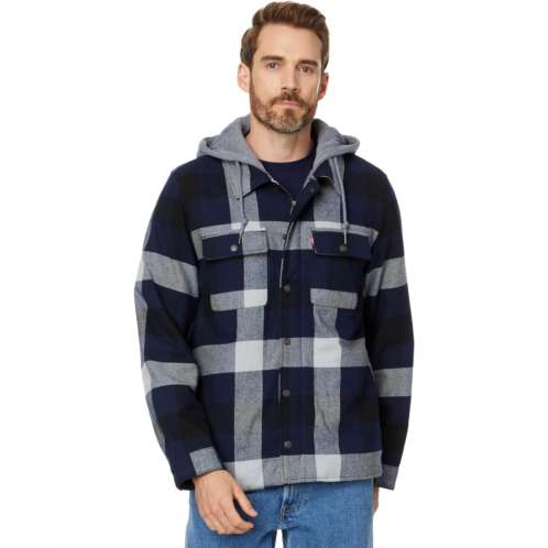 Mens Levis Washed Cotton Shirt Jacket with A Jersey Hood and Sherpa Lining