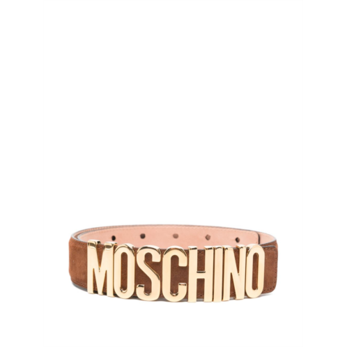 MOSCHINO suede-textured brown belt with gold-tone logo buckle