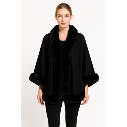 TRUEDAMES faux fur trim open-front cape jacket