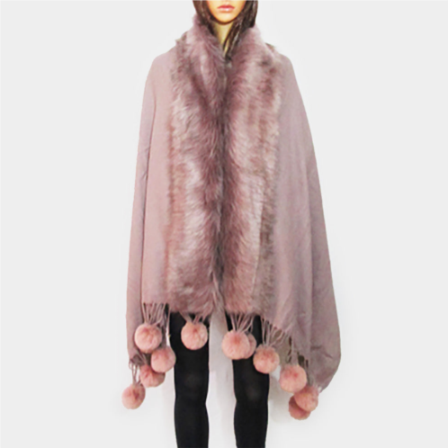TRUEDAMES faux fur trim pom pom dangle poncho