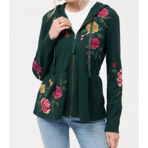 Johnny Was peplum metallic thermal hoodie in metallic emerald