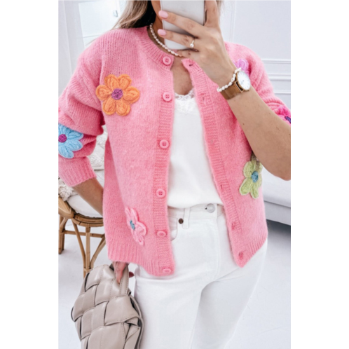 TRUEDAMES pink cute knitted floral pattern button up cardigan