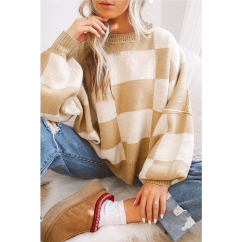 TRUEDAMES khaki checkered bishop sleeve sweater