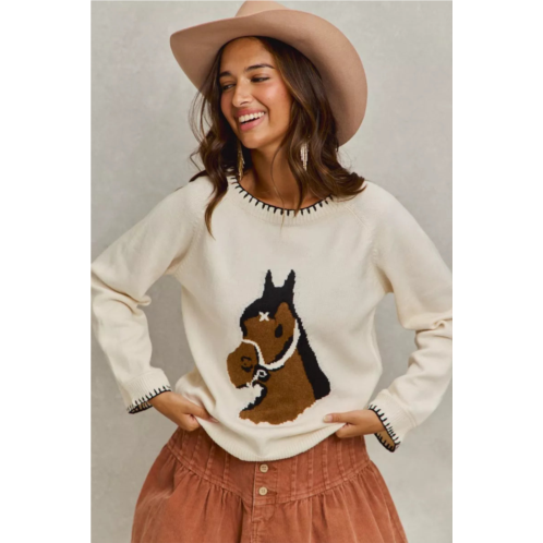 TRUEDAMES horse knit sweater top with blanket stitch