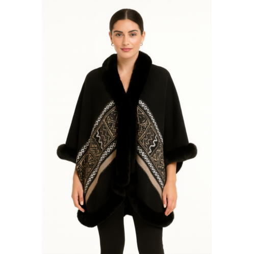 TRUEDAMES black geometric border faux fur trim cape