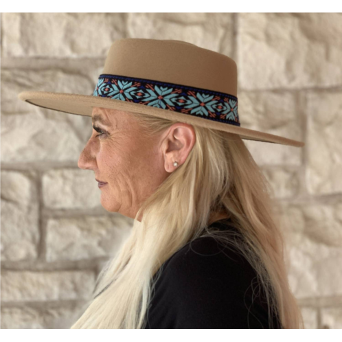 Jen & Co. mirta aztec trim wide brim fedora hat in tan