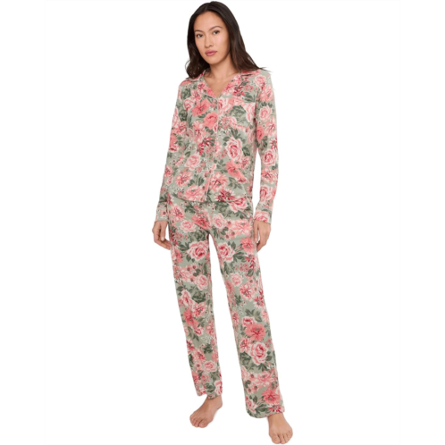 Womens Karen Neuburger Petite Vintage Dreams Long Sleeve Notch Top & Long Pants Set With Picot Trim