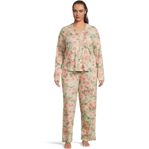 Womens Karen Neuburger Plus Size Vintage Dreams Long Sleeve Notch Top & Long Pants Set With Picot Trim