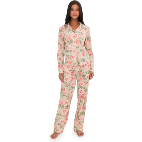 Womens Karen Neuburger Vintage Dreams Long Sleeve Notch Top & Long Pants Set With Picot Trim