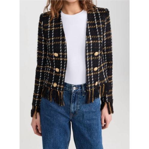 belmont fringe jacket in black yellow multi plaid